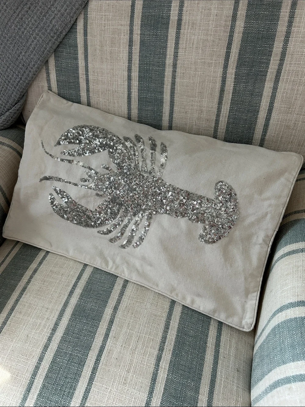 Silver Sequined Lobster Throw Pillow Case with Zipper Closure 12x20 Creamy White